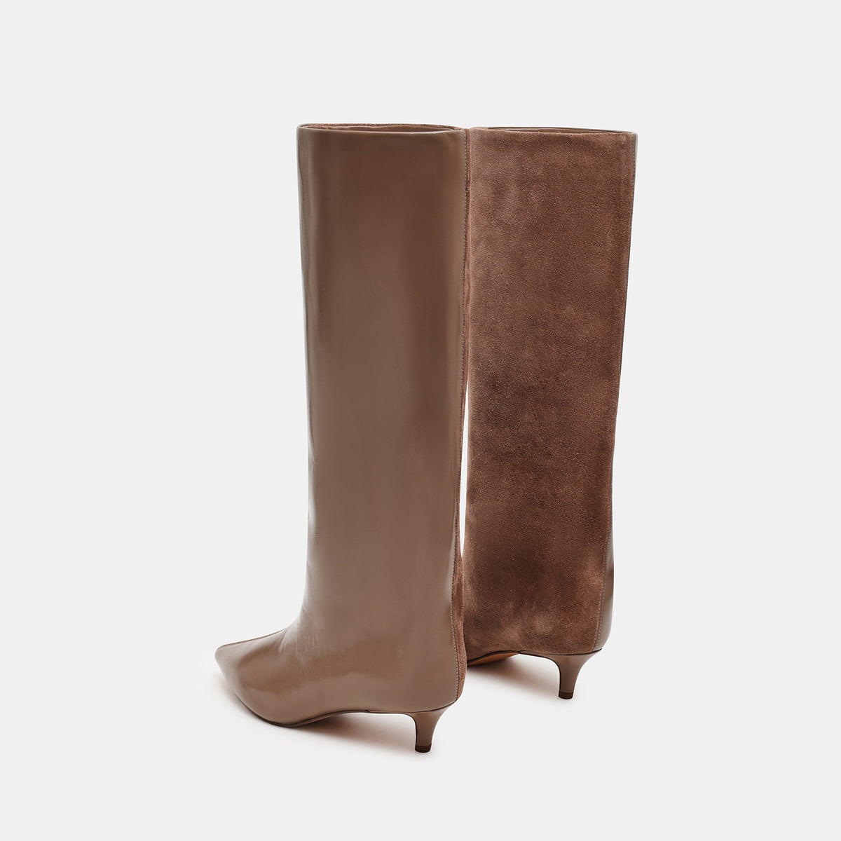 Taupe Faux Suede And Vegan Leather Pointed-Toe Wide Calf Knee High Stiletto Boots