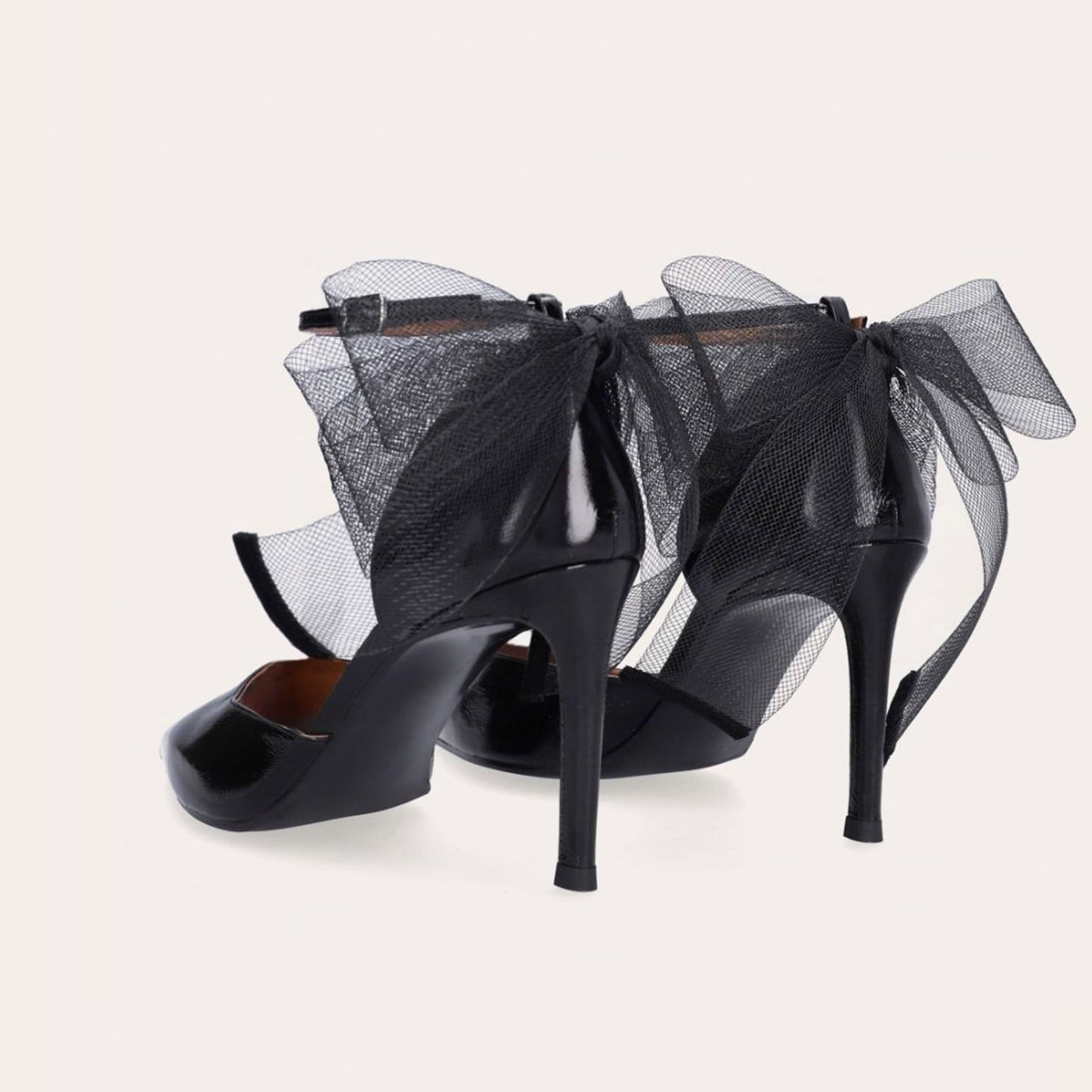 Black Pointed-Toe Chic Back Big Mesh Bow And Ankle Strap High Heels