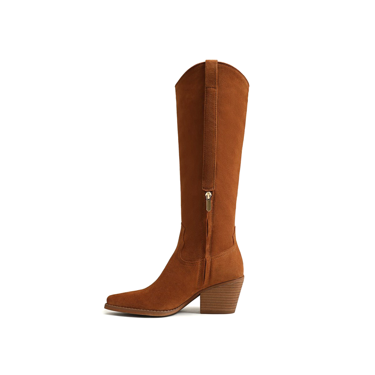 Brown Faux Suede Pointed-Toe Half-Zip Knee High Cowgirl Boots
