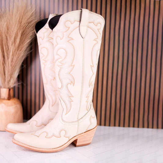 Bone Almond-Toe Embroidery Tall Wide Calf Knee High Cowgirl Boots
