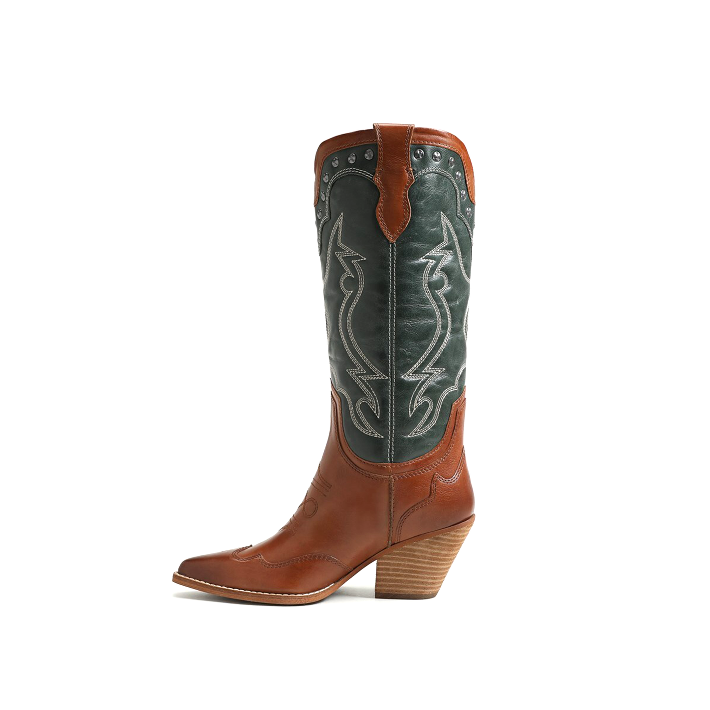 Contrast Green And Copper Pointed-Toe Embroidery Wide Calf Knee High Cowgirl Boots