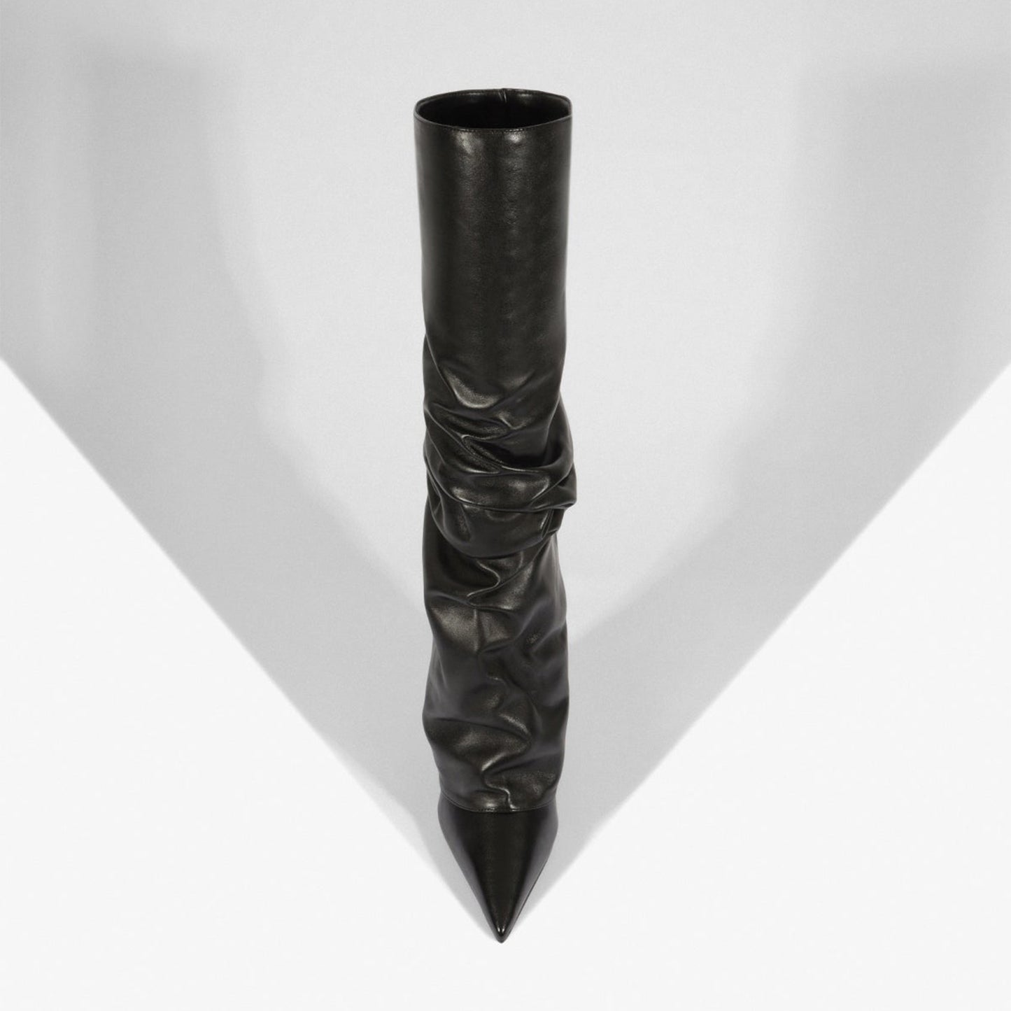 Black Pointed-Toe Tall Fold-Over Wide Calf Knee High Stiletto Boots