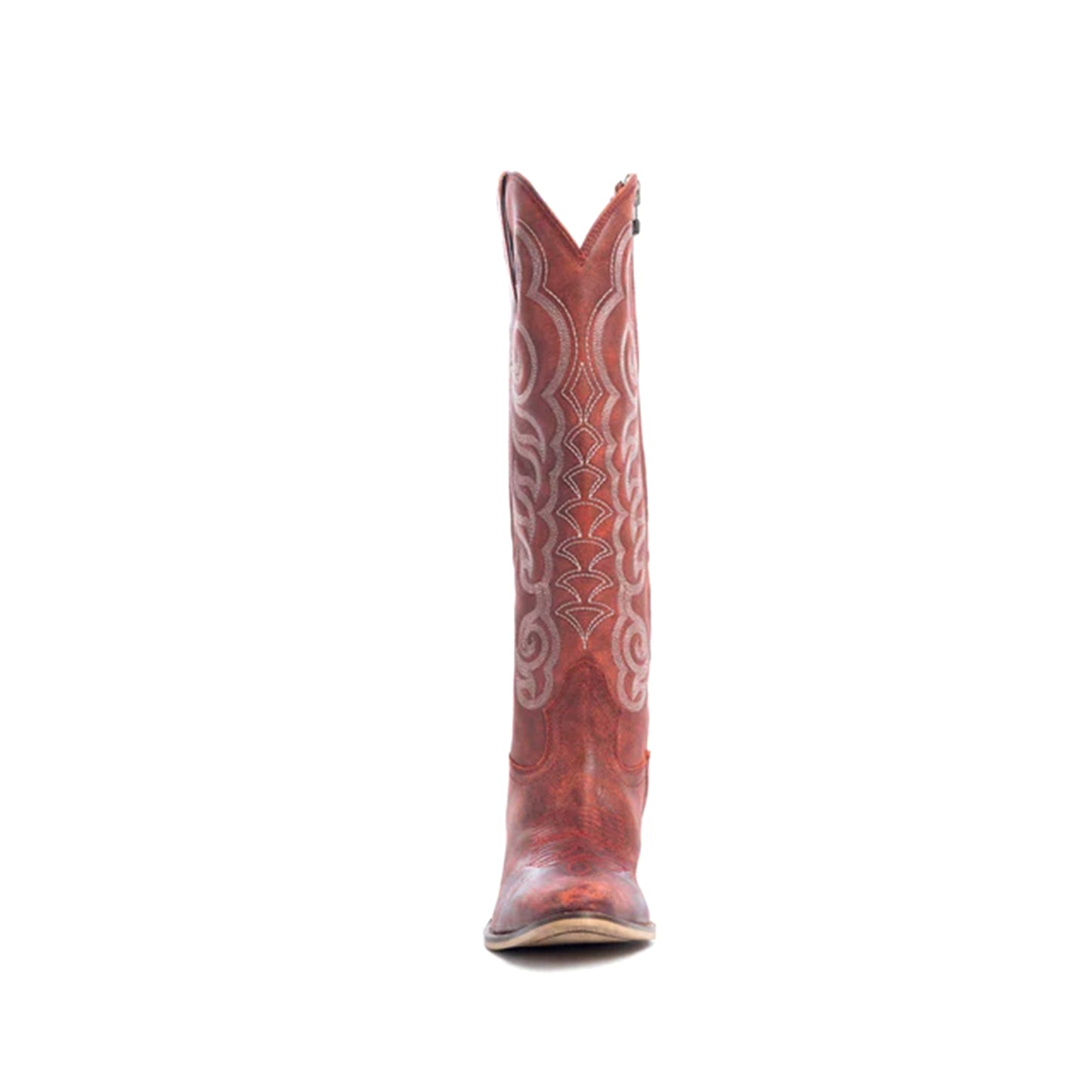 Distressed Red Almond-Toe Curled Embroidery Full-Zip Knee High Cowgirl Boots