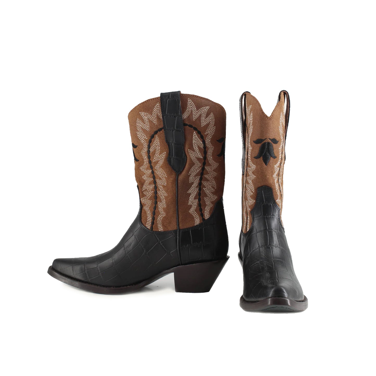 Contrast Tan And Black Snip-Toe Embroidery Mid Calf Cowgirl Boots