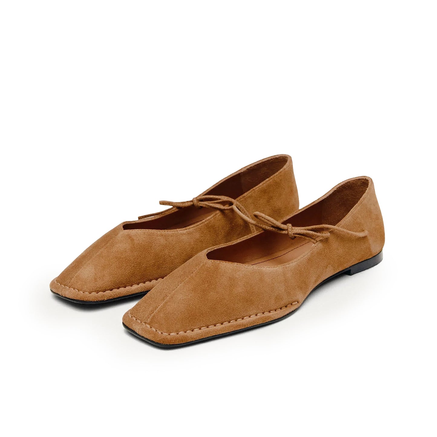 Tan Faux Suede Square-Toe V-Cut Vamps Bridge Self-Tie Bow Ballet Flats