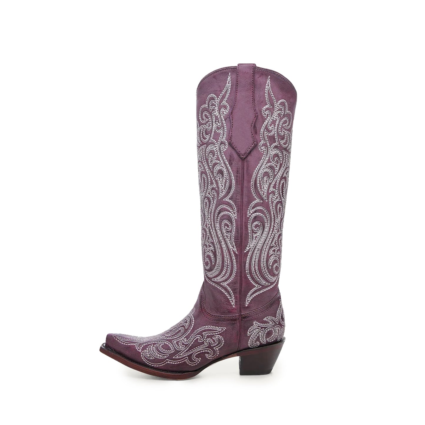 Dark Pink Snip-Toe Embroidery Wide Calf Knee High Cowgirl Boots
