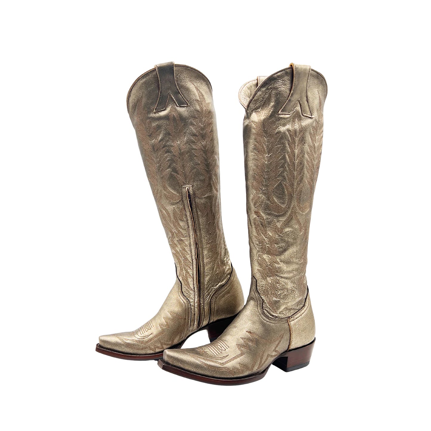 Metallic Gold Snip-Toe Embroidery Half-Zip Knee High Cowgirl Boots