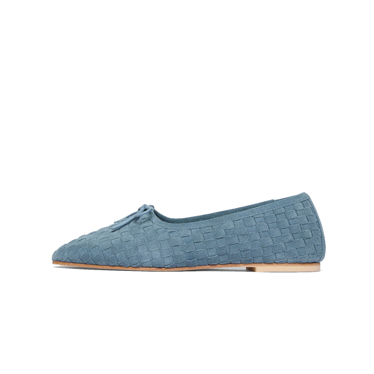 Blue Woven Faux Suede Square-Toe Front Bow Ballet Flats
