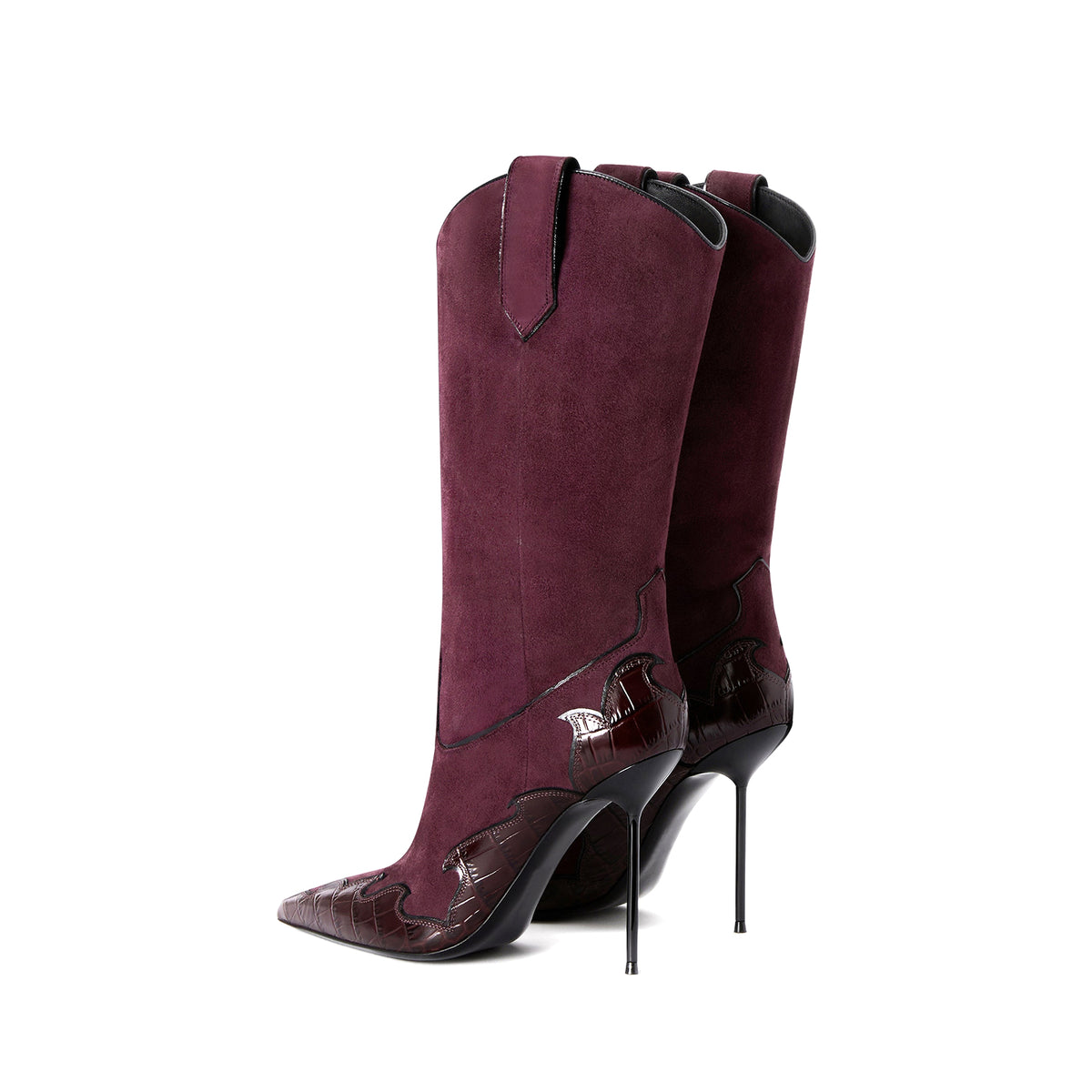 Burgundy Faux Suede And Crocodile Pattern Pointed-Toe Slip-On Mid Calf Stiletto Boots