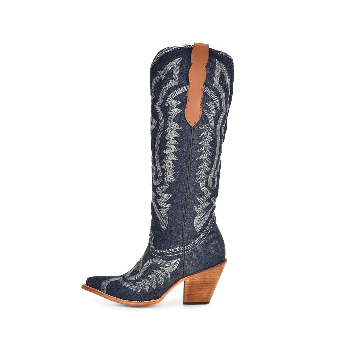 Blue Denim Almond-Toe Embroidery Wide Calf Knee High Cowgirl Boots