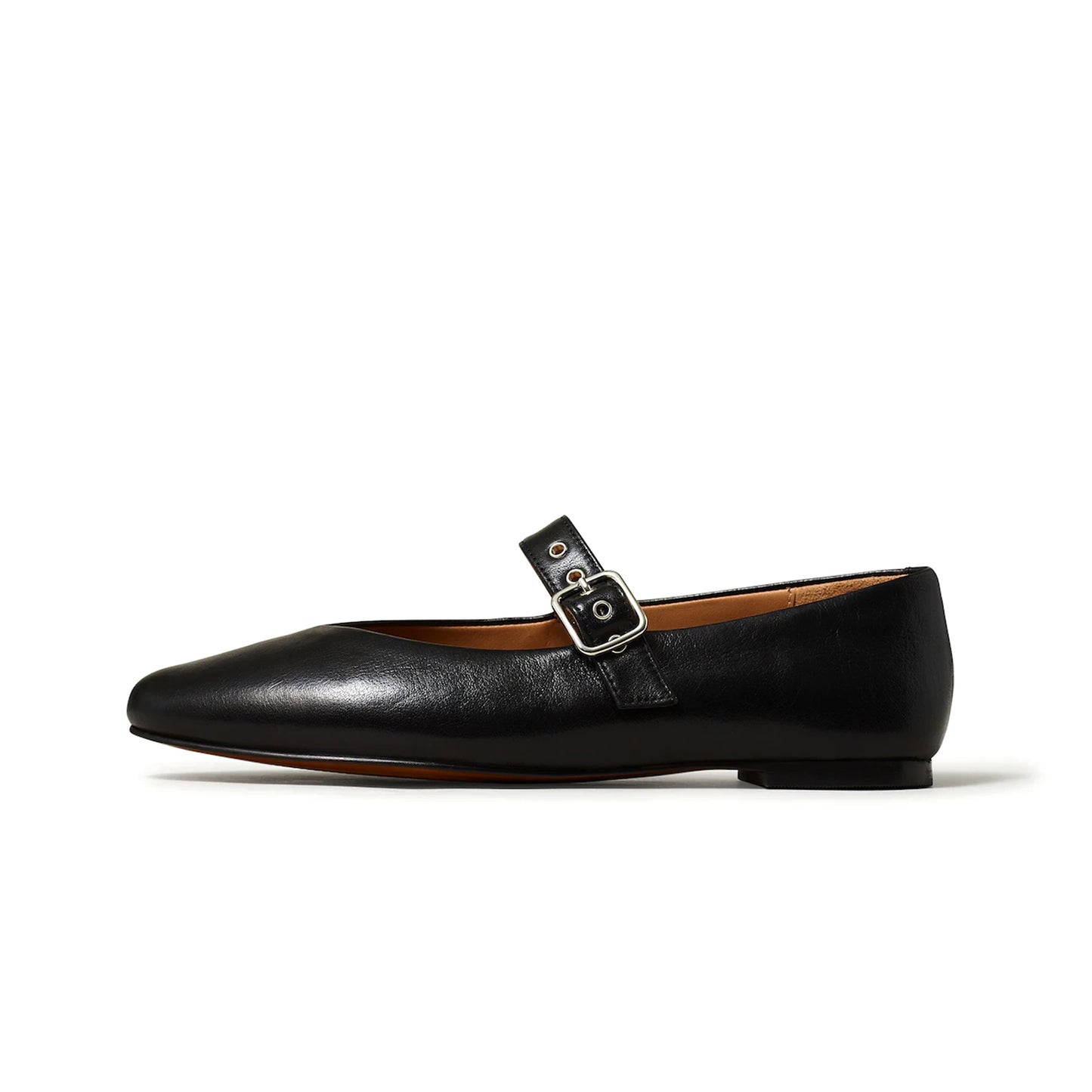 Black Vegan Leather Round-Toe Buckle Bridge Strap Slip-On Flats