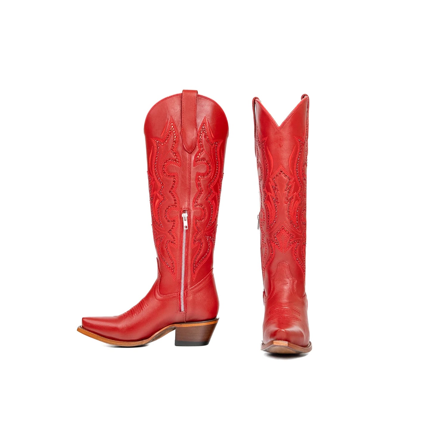 Red Snip-Toe Rhinestone And Embroidery Half-Zip Knee High Cowgirl Boots