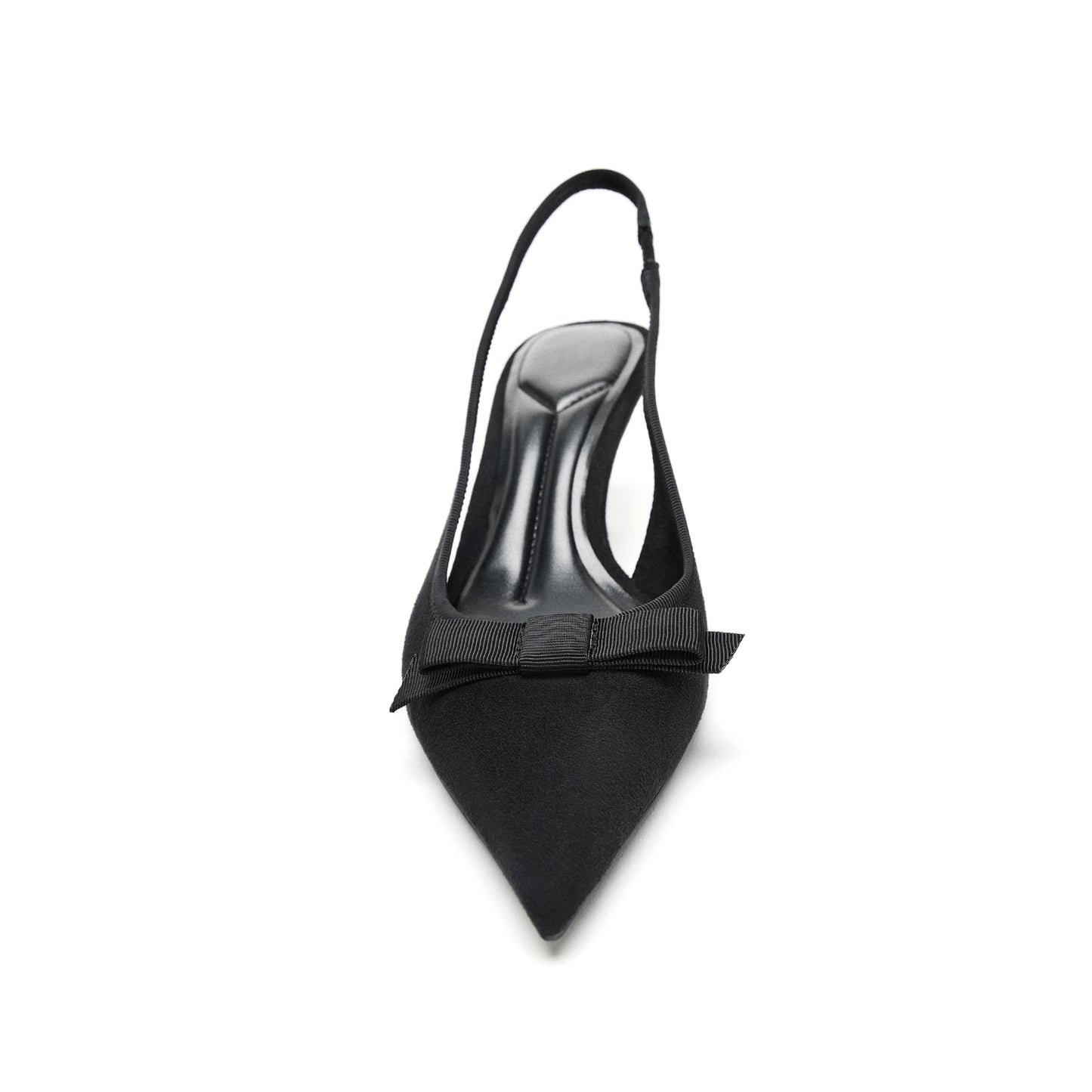 Black Faux Suede Pointed-Toe Front Satin Bow Slingback Kitten Heels