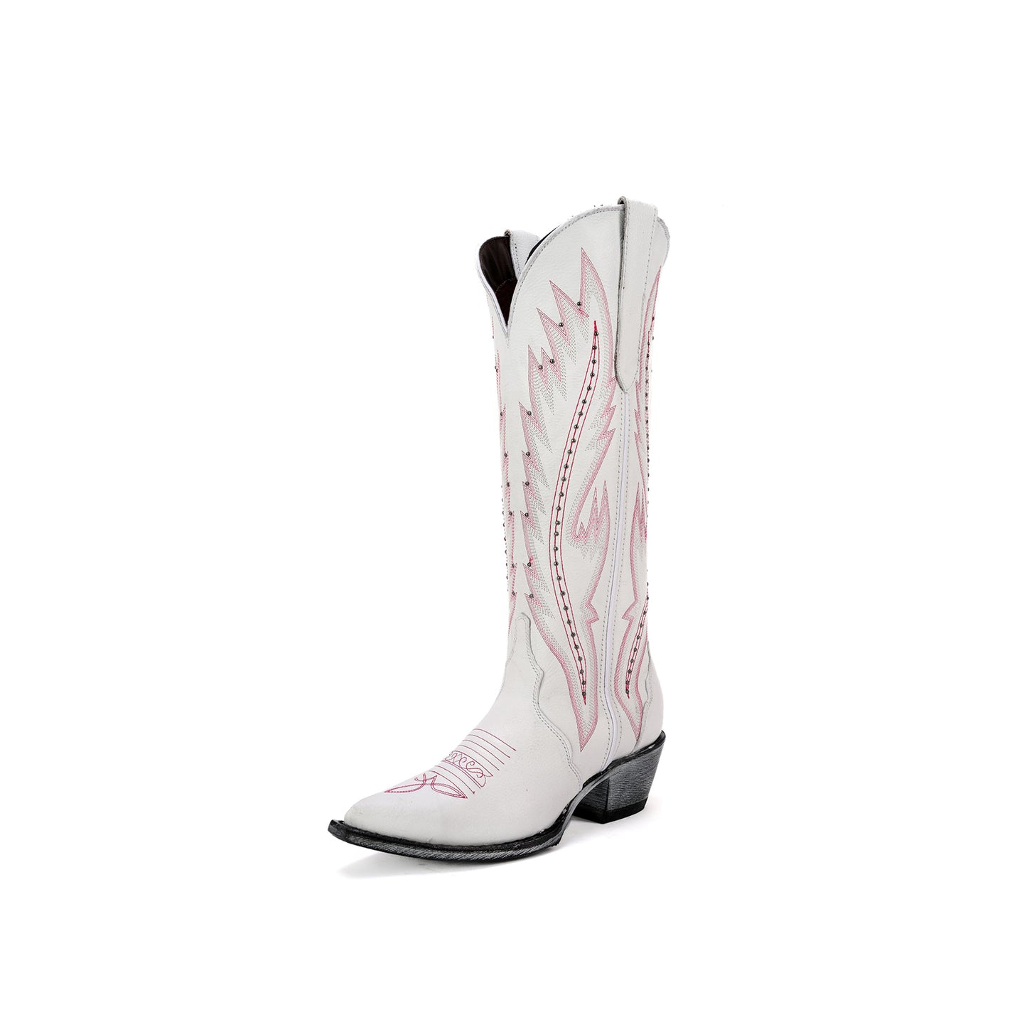 White Snip-Toe Studs And Embroidery Wide Calf Knee High Cowgirl Boots