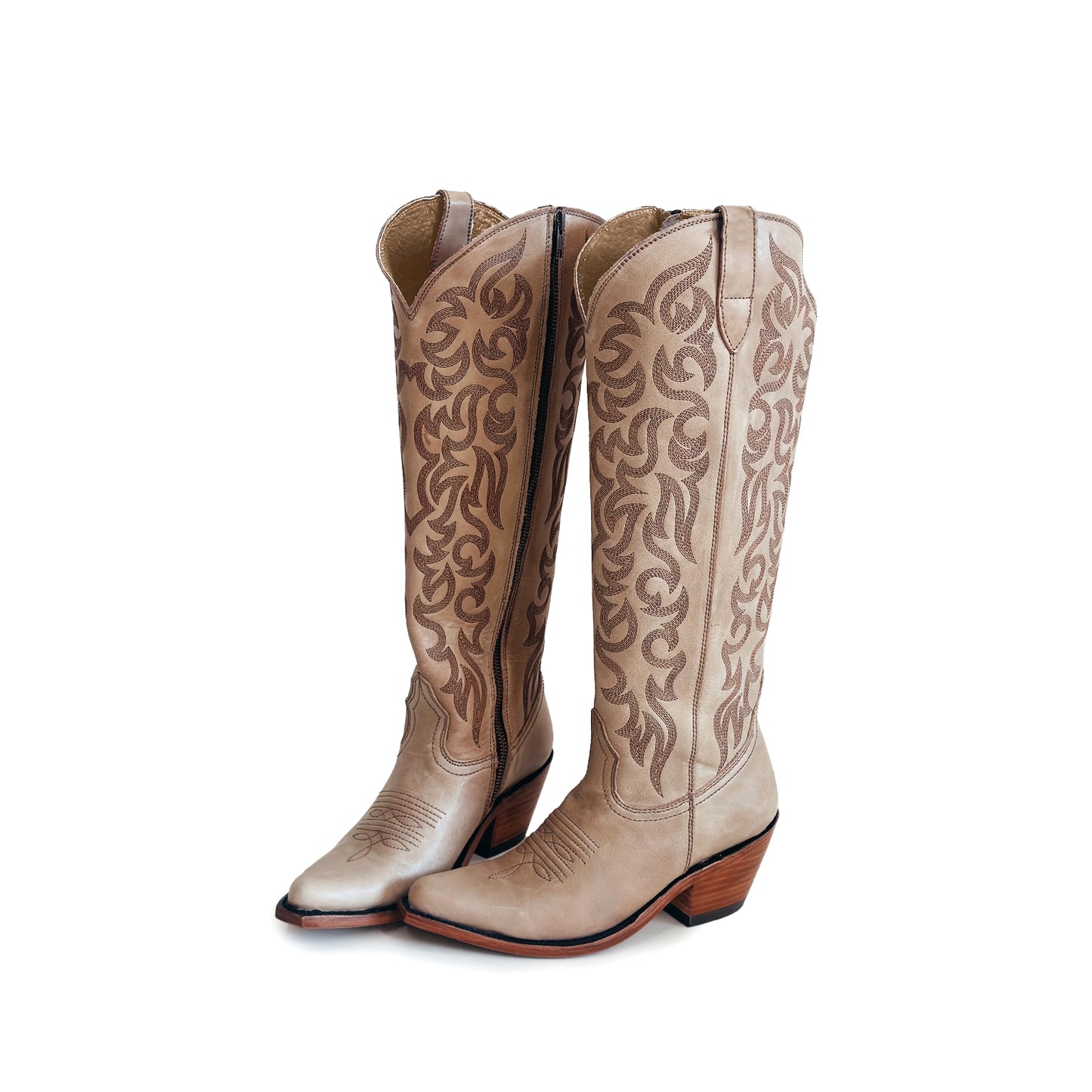 Light Tan Pointed-Toe Embroidery Full-Zip Knee High Cowgirl Boots