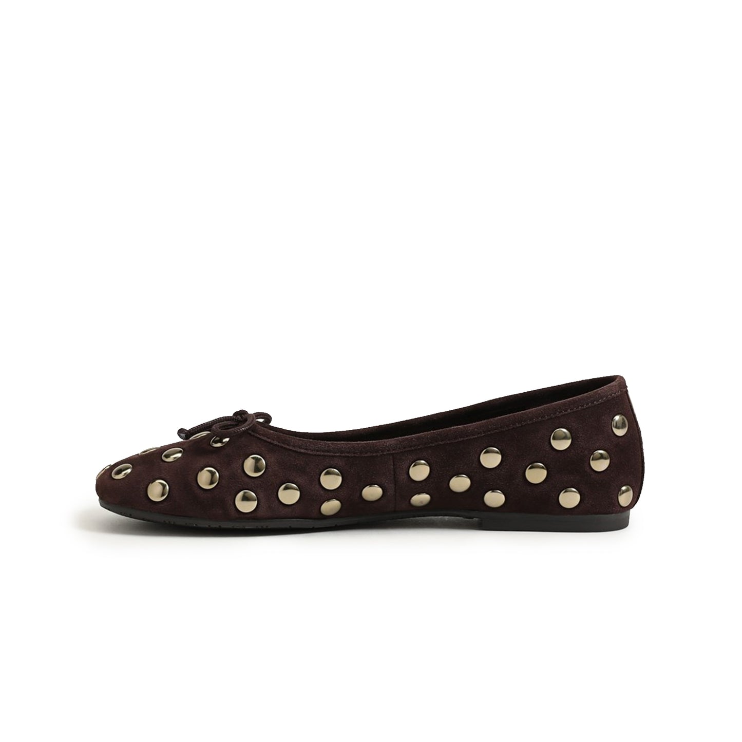 Coffee Faux Suede Square-Toe Studded Slip-On Flats