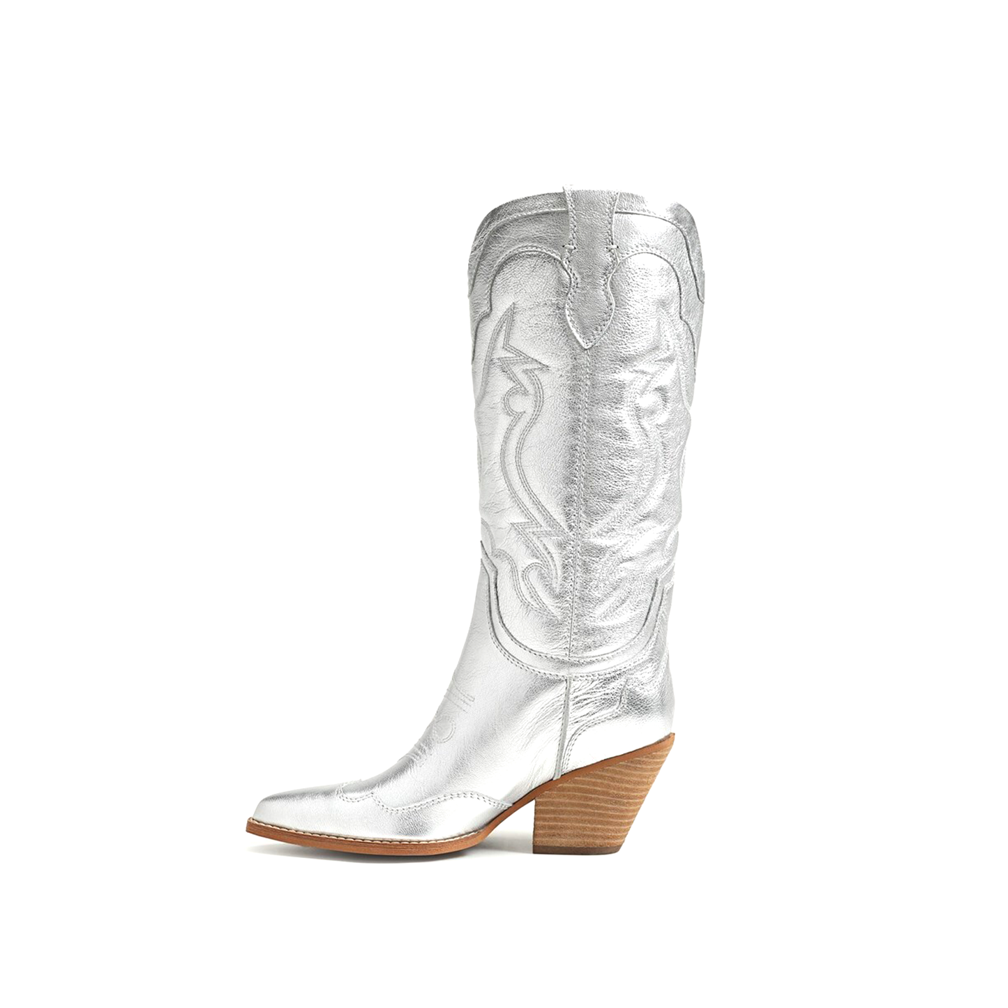 Metallic Silver Pointed-Toe Embroidery Wide Calf Knee High Cowgirl Boots