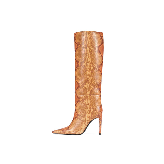 Orange Snakeskin Pointed-Toe Zipper Knee High Stiletto Boots