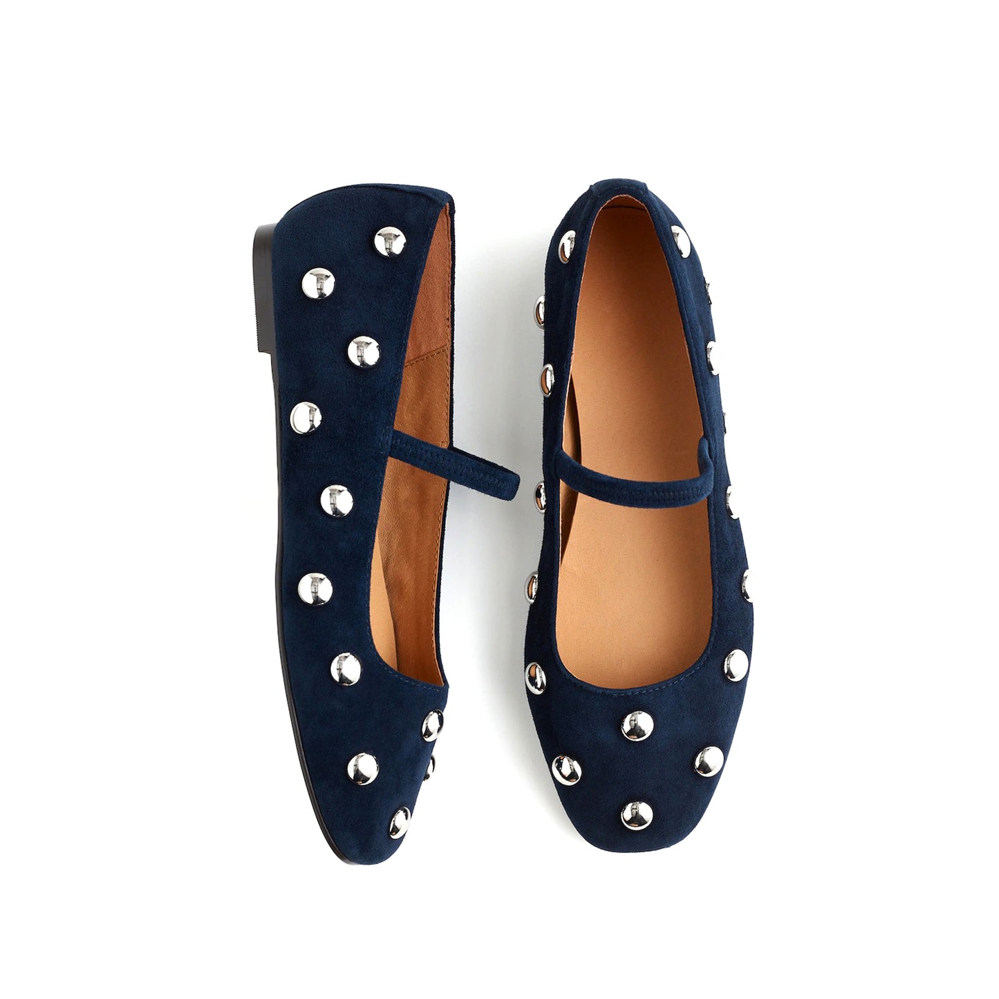 Indigo Faux Suede Square-Toe Bridge Strap Studded Slip-On Flats