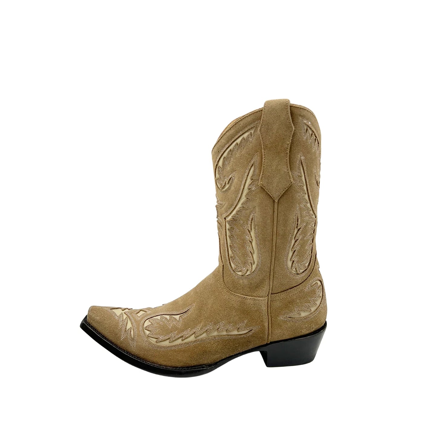 Brown Faux Suede Snip-Toe Inlays Mid Calf Cowgirl Boots