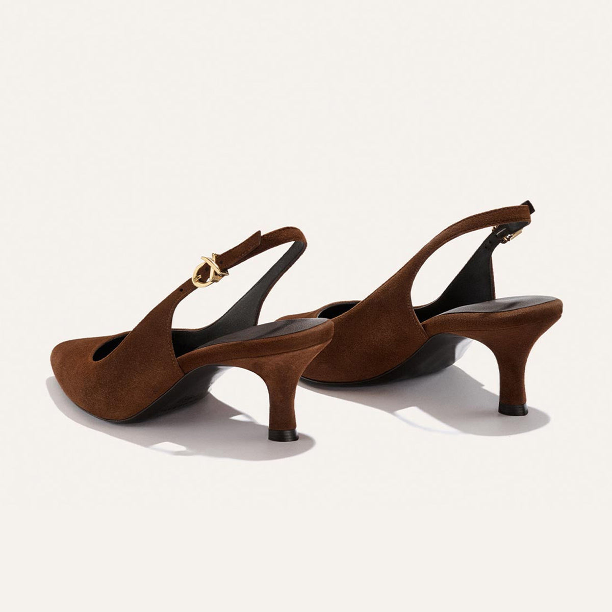 Dark Brown Faux Suede Pointed-Toe Chic Back Strap Kitten Heels