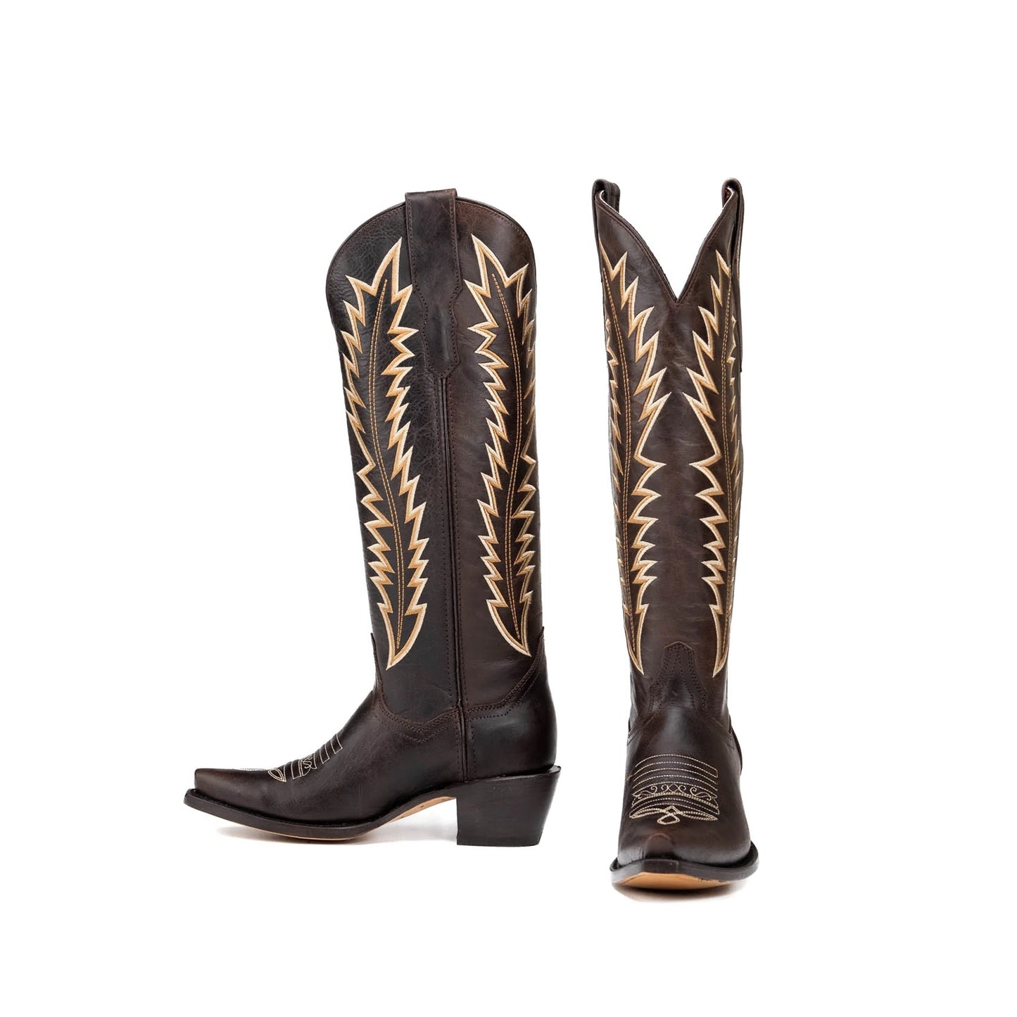 Dark Brown Snip-Toe Embroidery Wide Calf Knee High Cowgirl Boots