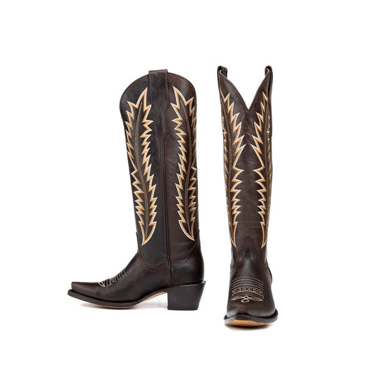 Dark Brown Snip-Toe Embroidery Wide Calf Knee High Cowgirl Boots