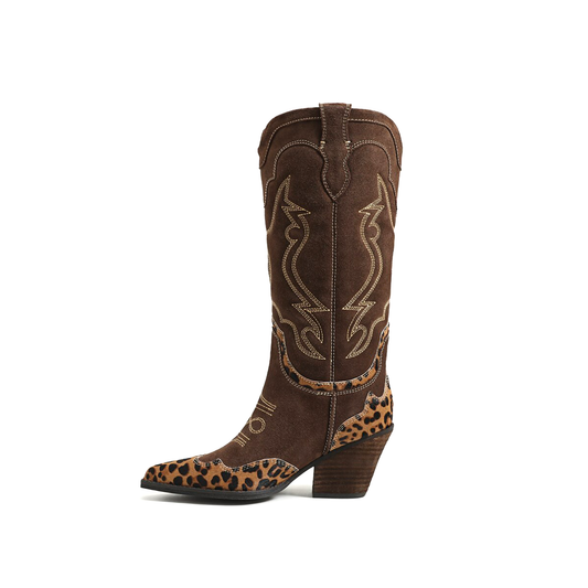 Contrast Brown And Leopard Pointed-Toe Embroidery Wide Calf Knee High Cowgirl Boots