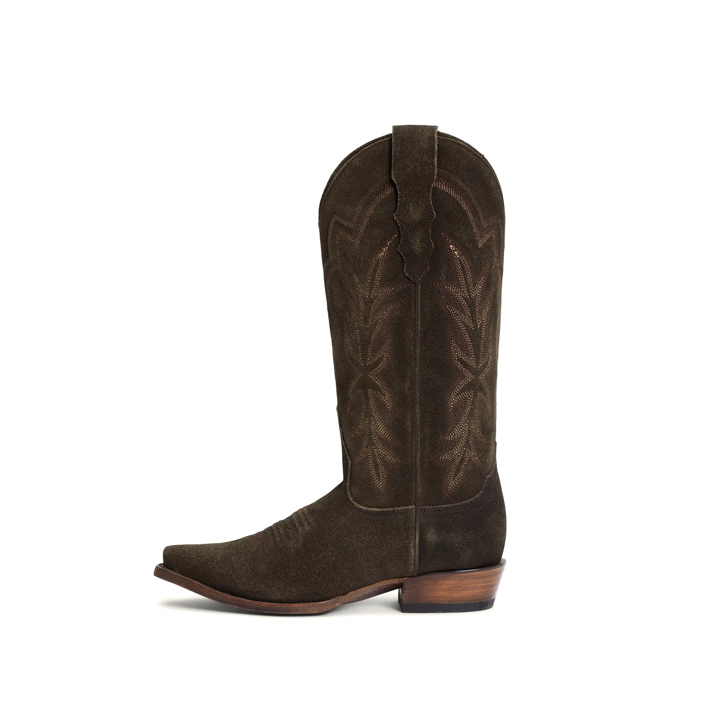 Olive Green Faux Suede Snip-Toe Embroidery Mid Calf Cowgirl Boots