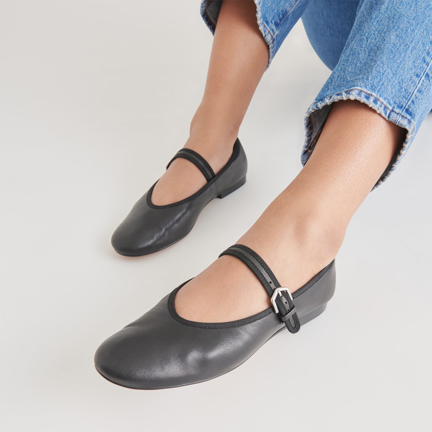 Black Vegan Leather Round-Toe Bridge Strap Ballet Flats