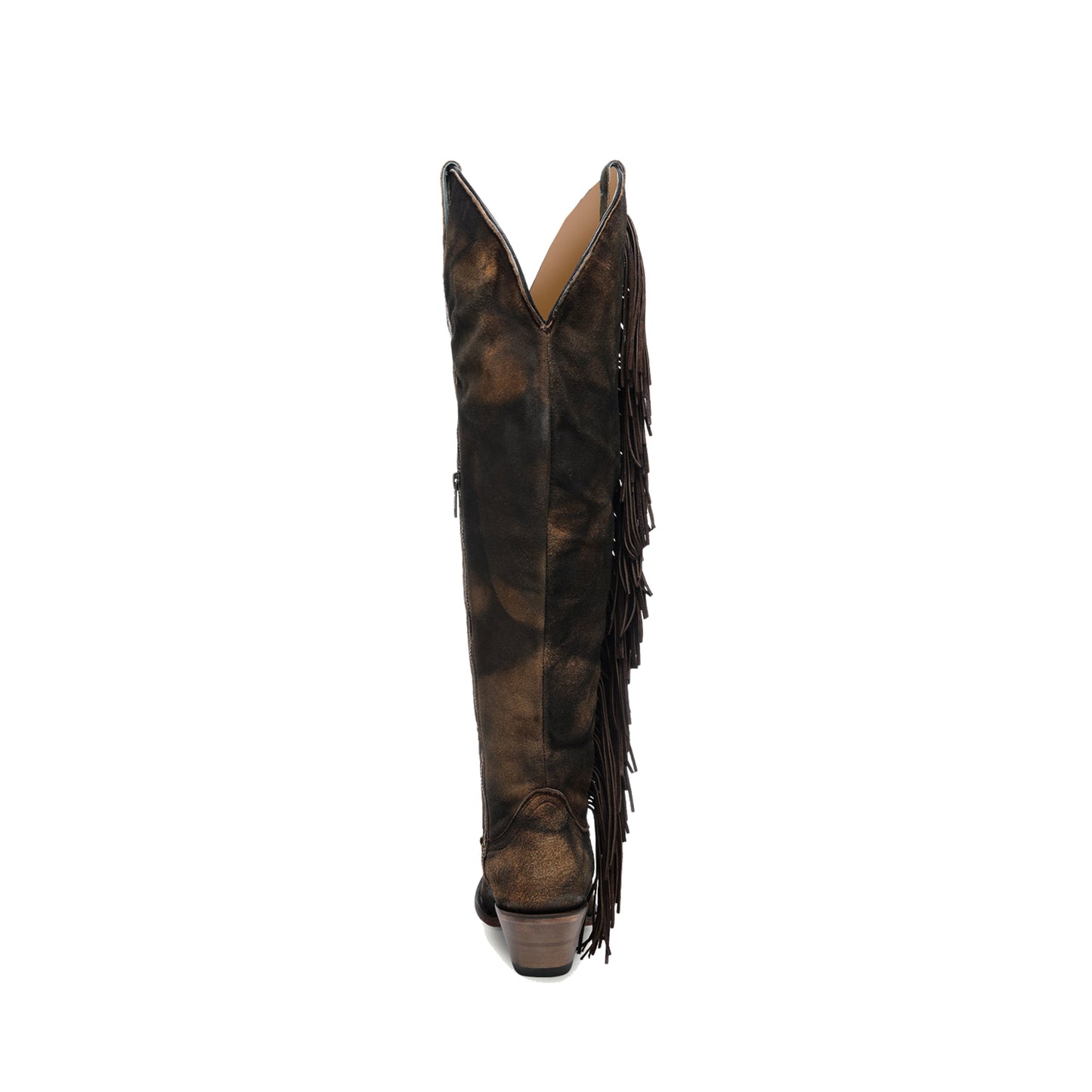 Brown Faux Suede Pointed-Toe Appliques And Side Fringe Half-Zip Over-The-Knee Cowgirl Boots