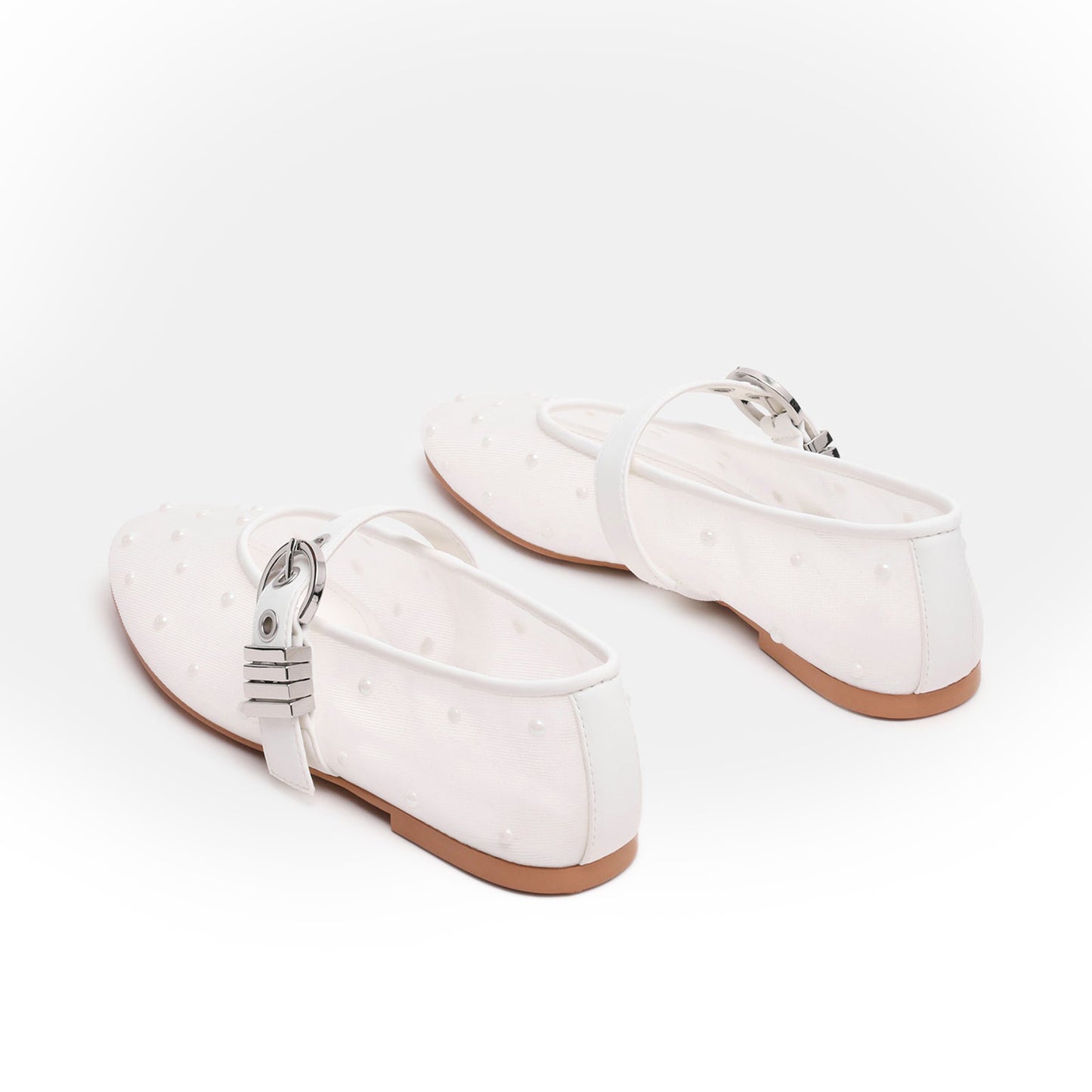 White Studded Mesh Square-Toe Bridge Strap Ballet Flats