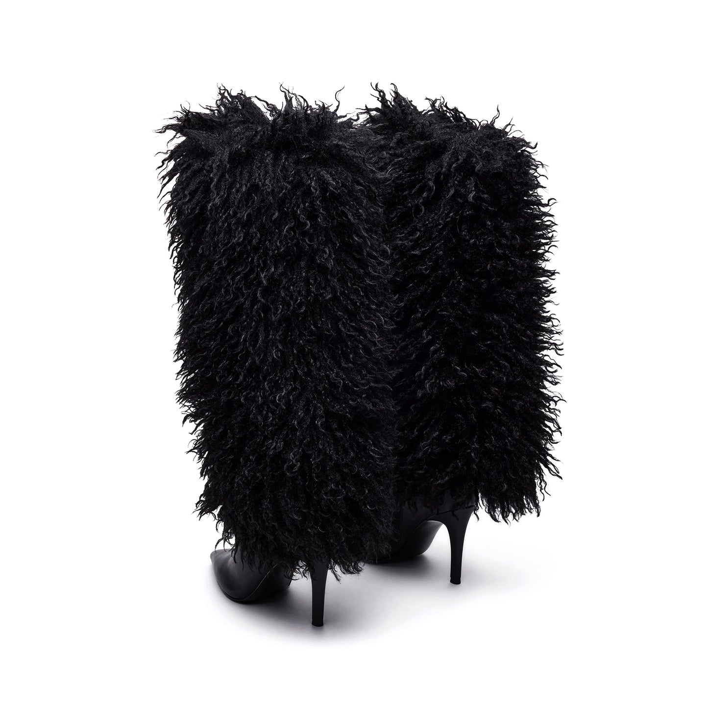 Black Pointed-Toe Full Plush Wide Calf Knee High Stiletto Boots