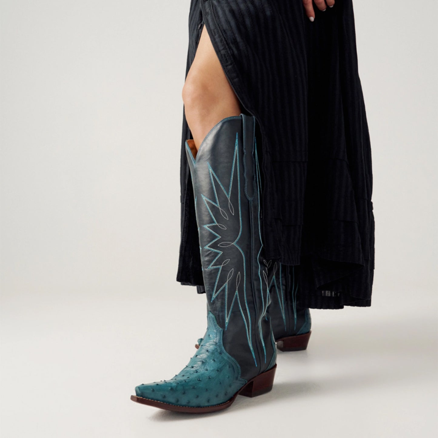 Azure Contrast Vegan Leather And Ostrich Print Snip-Toe Embroidery Wide Calf Knee High Cowgirl Boots