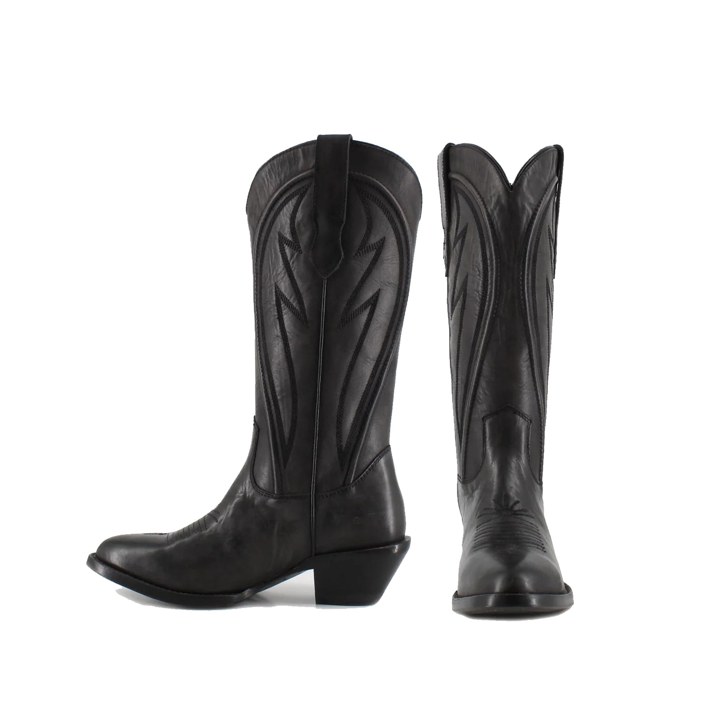 Black Almond-Toe Mid Calf Simple Embroidery Cowgirl Boots