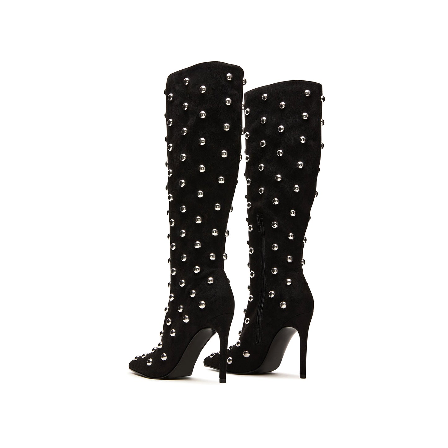 Black Faux Suede Pointed-Toe Full Studs Half-Zip Knee High Stiletto Boots