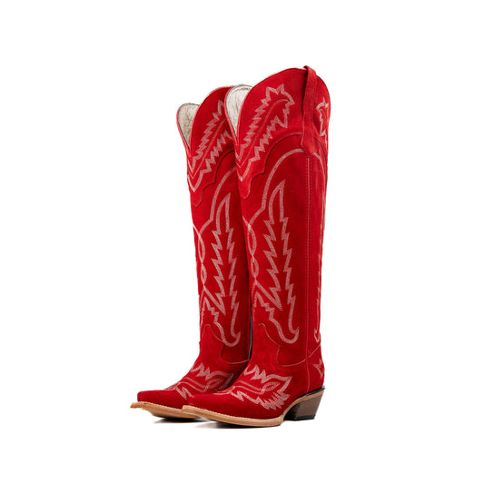 Red Faux Suede Snip-Toe Embroidery Half-Zip Knee High Cowgirl Boots