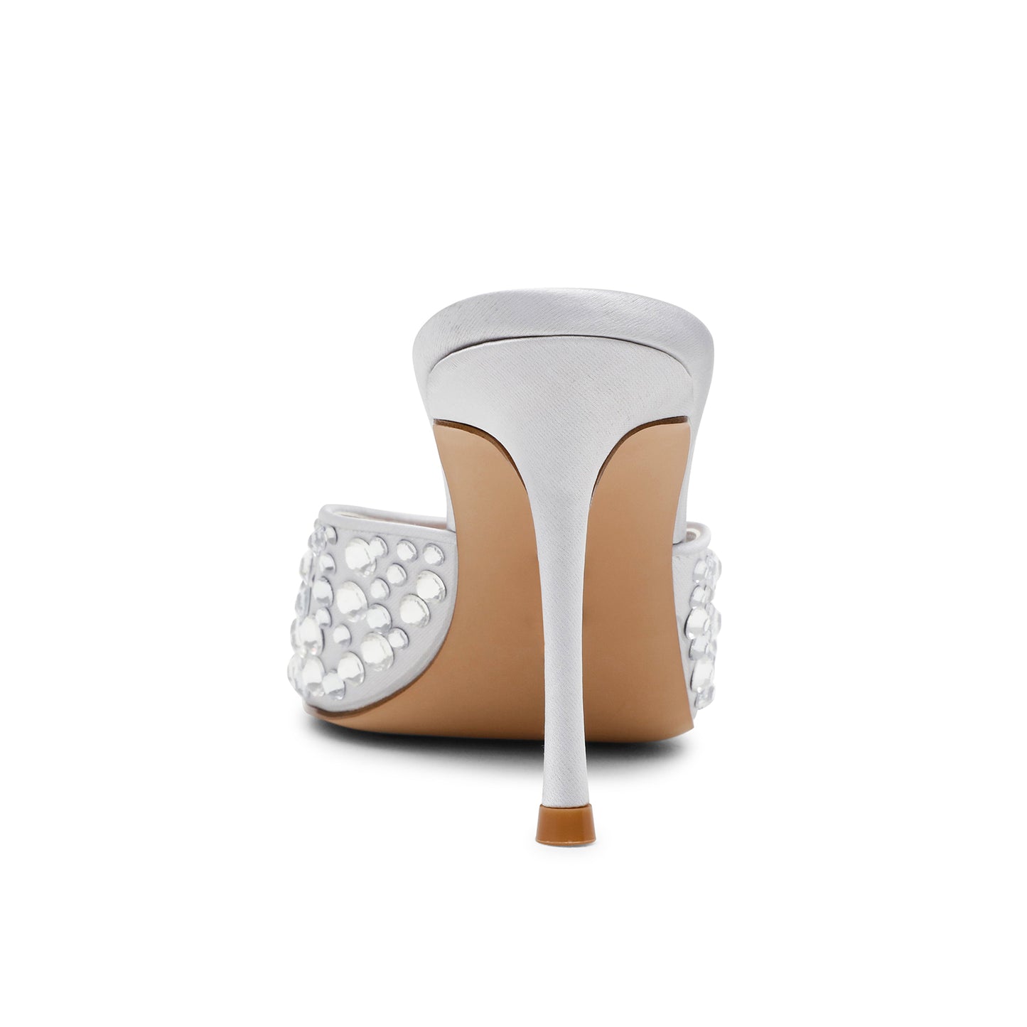 Silver Satin Open Almond-Toe Rhinestone Backless High Heels