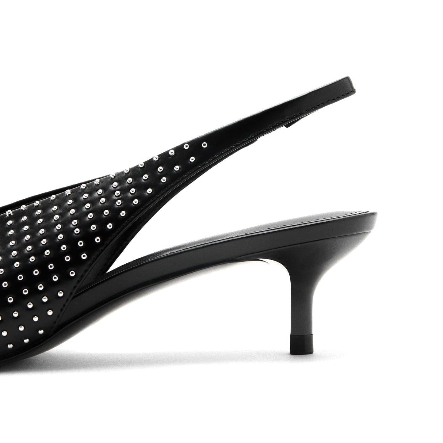 Black Pointed-Toe Full Little Studs And Slingback Kitten Heels