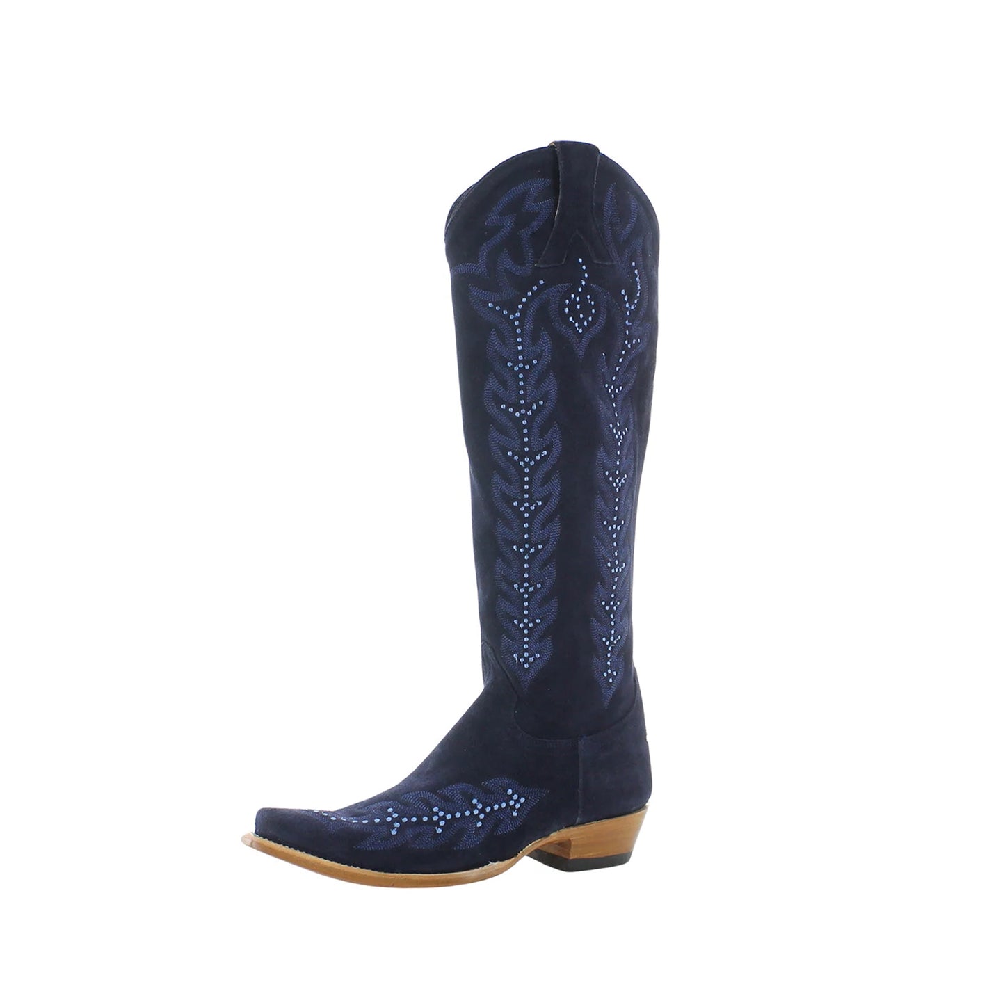 Dark Blue Faux Suede Snip-Toe Half-Zip Embroidery Knee High Cowgirl Boots