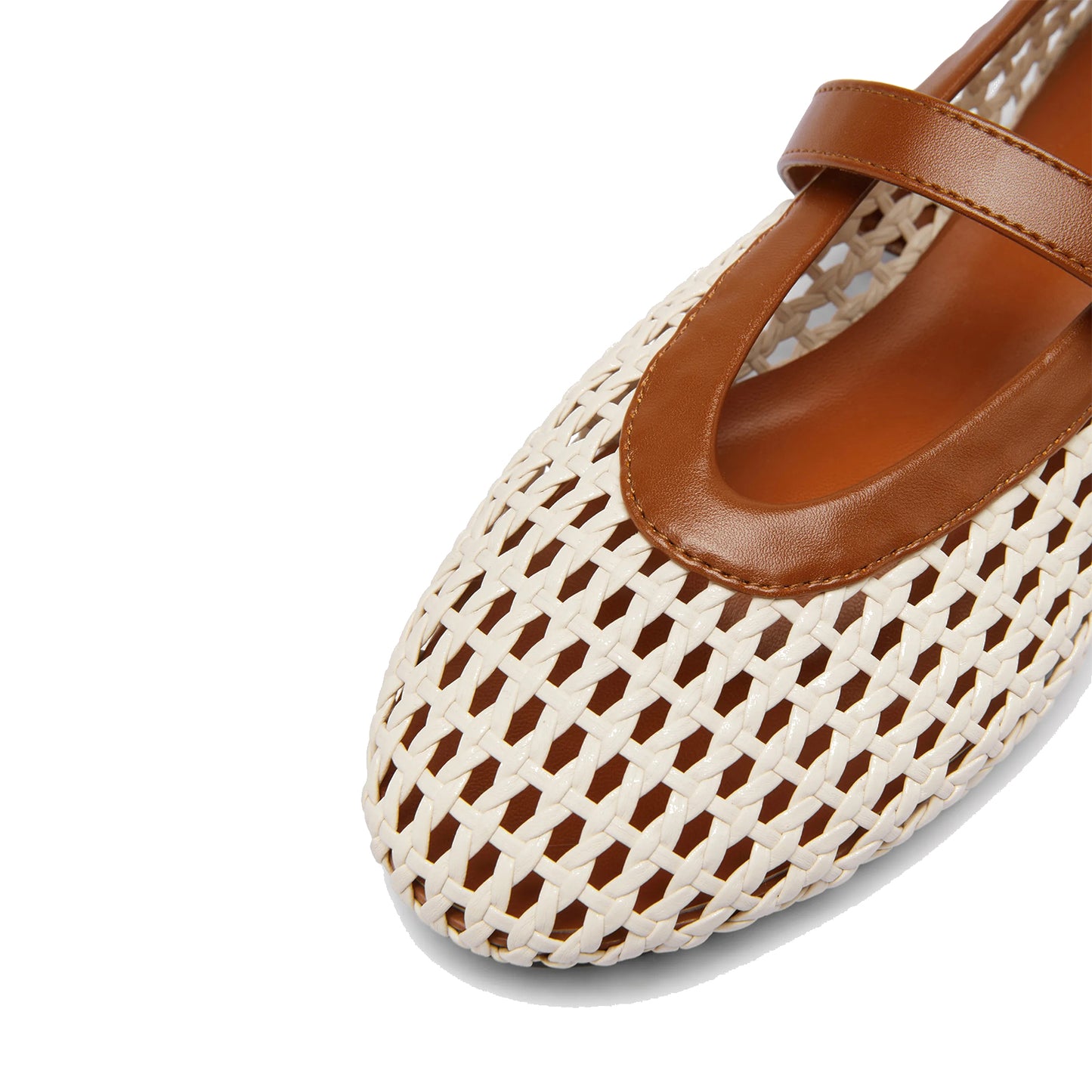 Cream Woven Vegan Leather Round-Toe Buckle Mary Jane Classic Flats