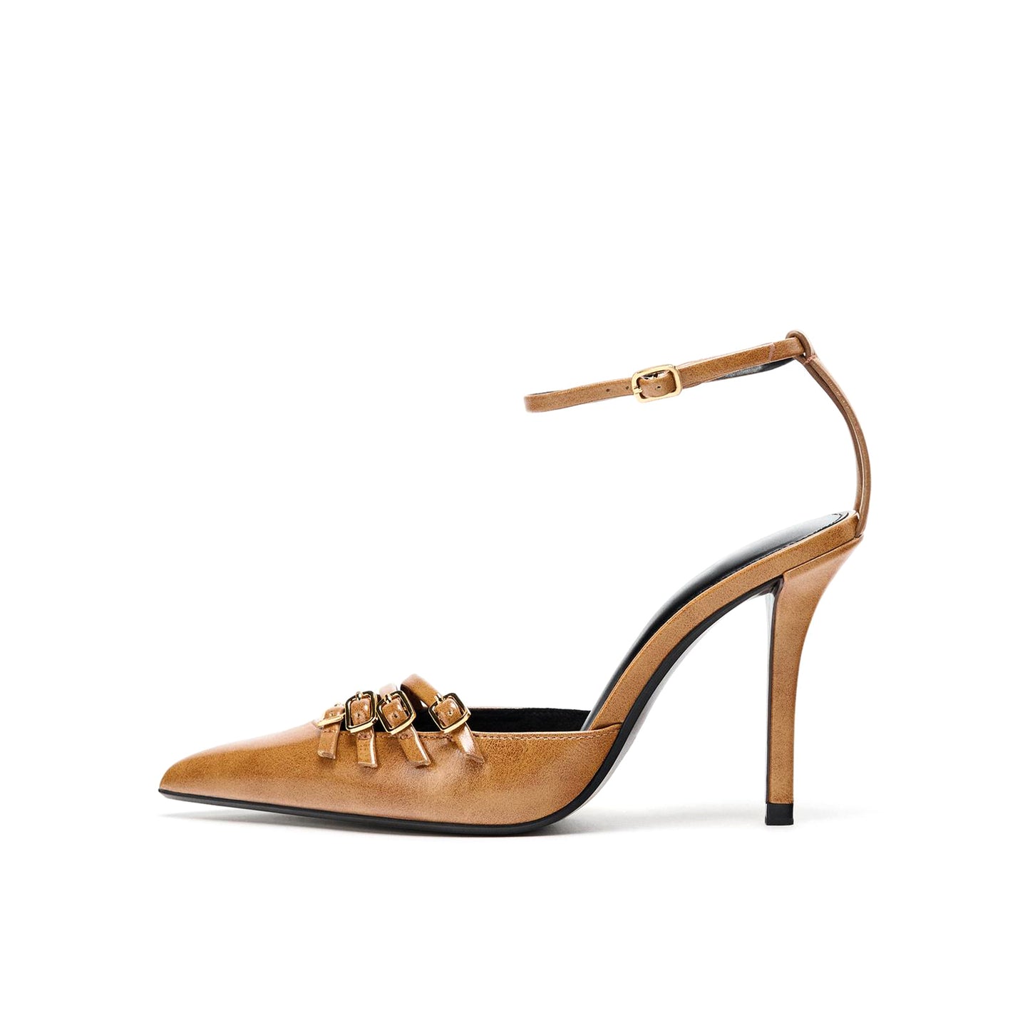 Taupe Pointed-Toe Front Straps With Buckle And Ankle Strap High Heels