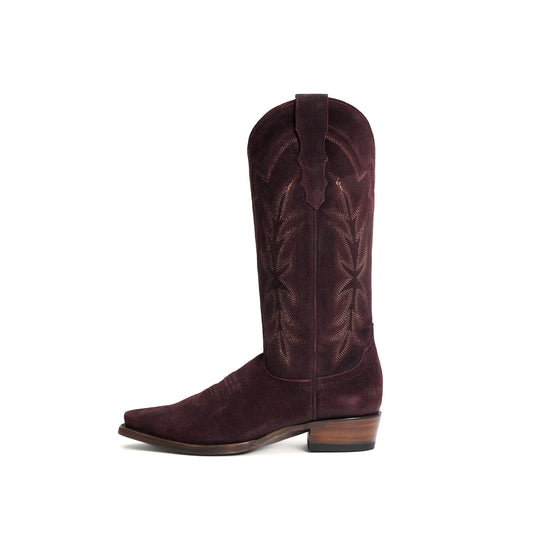 Wine Red Faux Suede Snip-Toe Embroidery Mid Calf Cowgirl Boots