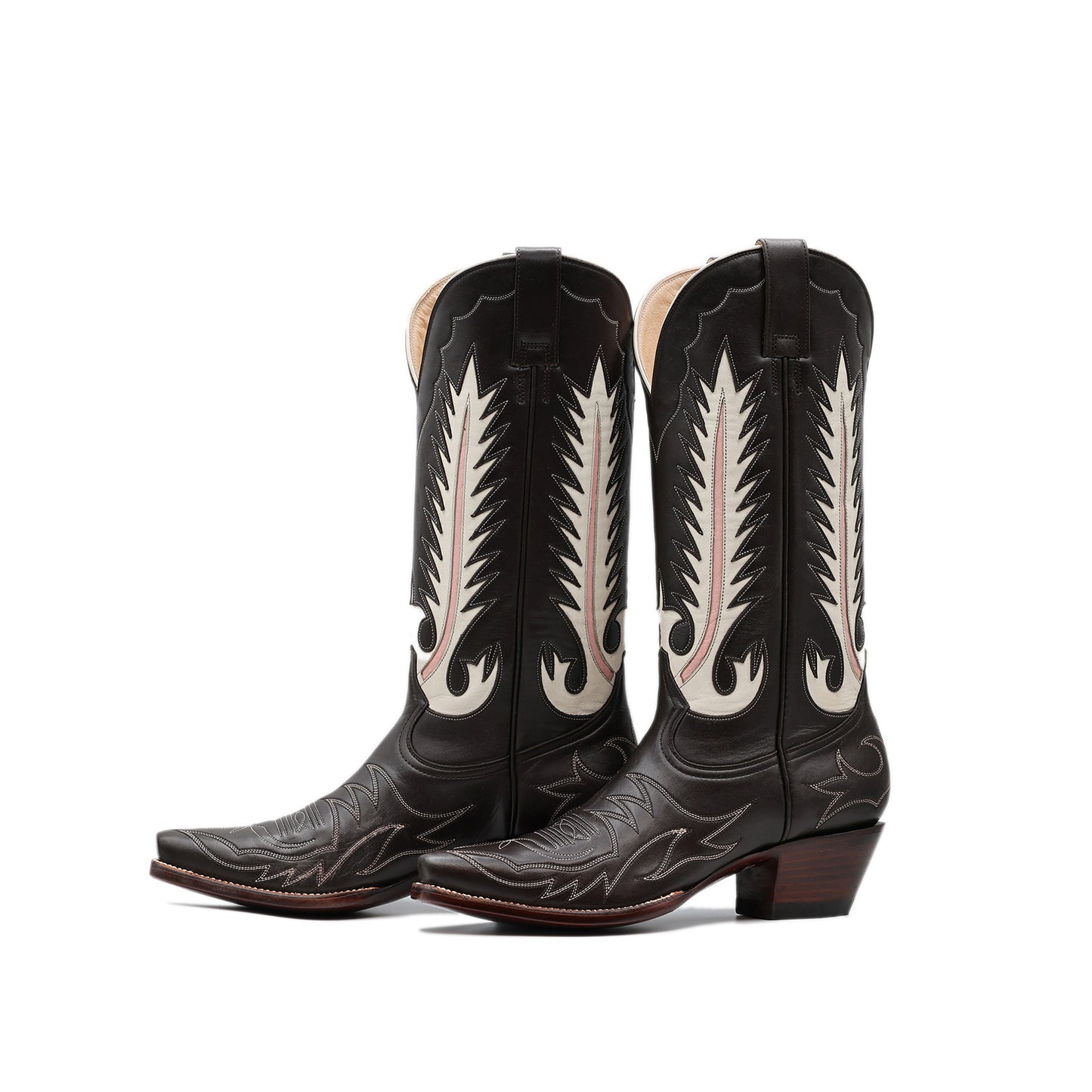 Black Snip-Toe Embroidery And Inlay Mid Calf Cowgirl Boots