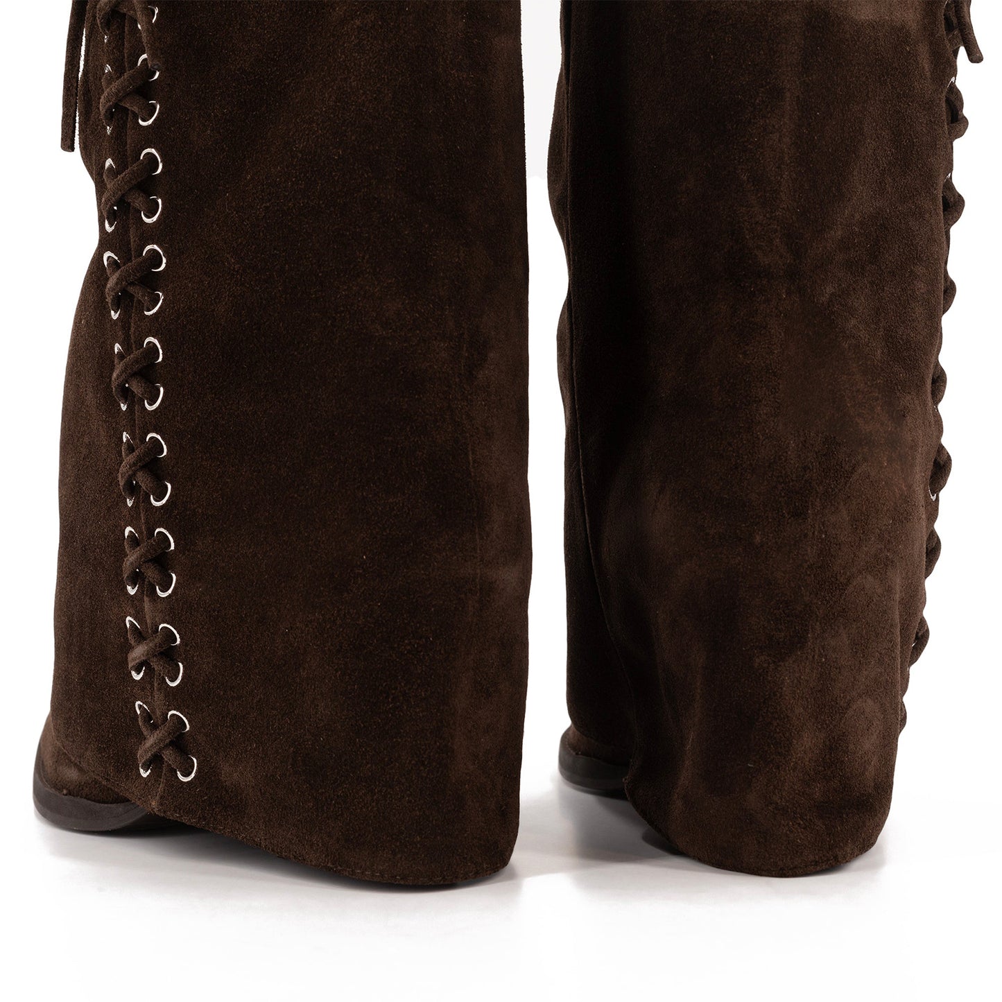 Brown Faux Suede Pointed-Toe Fold-Over Side Lace-Up Mid Calf Cowgirl Boots
