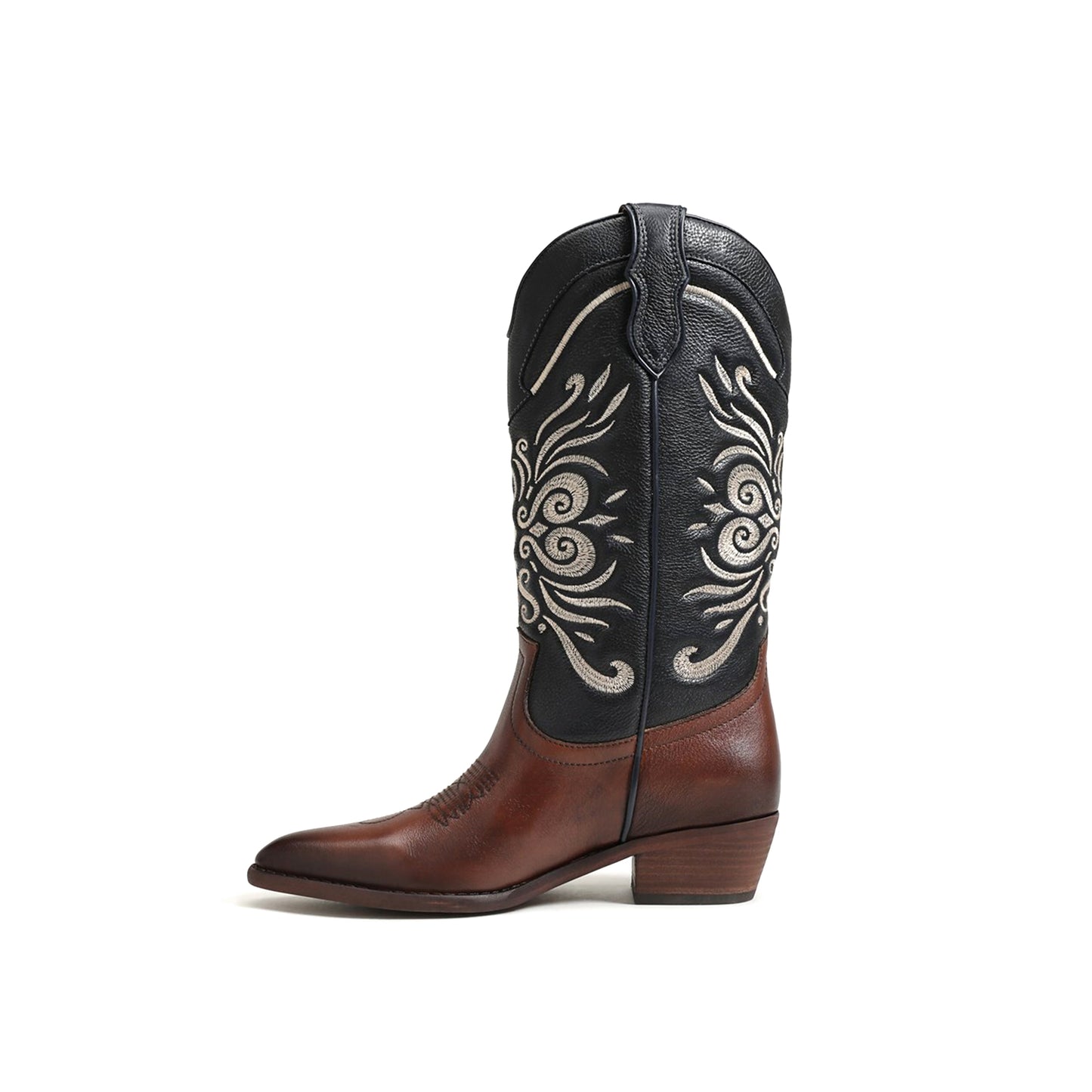 Contrast Black And Brown Pointed-Toe Chic Embroidery Mid Calf Cowgirl Boots