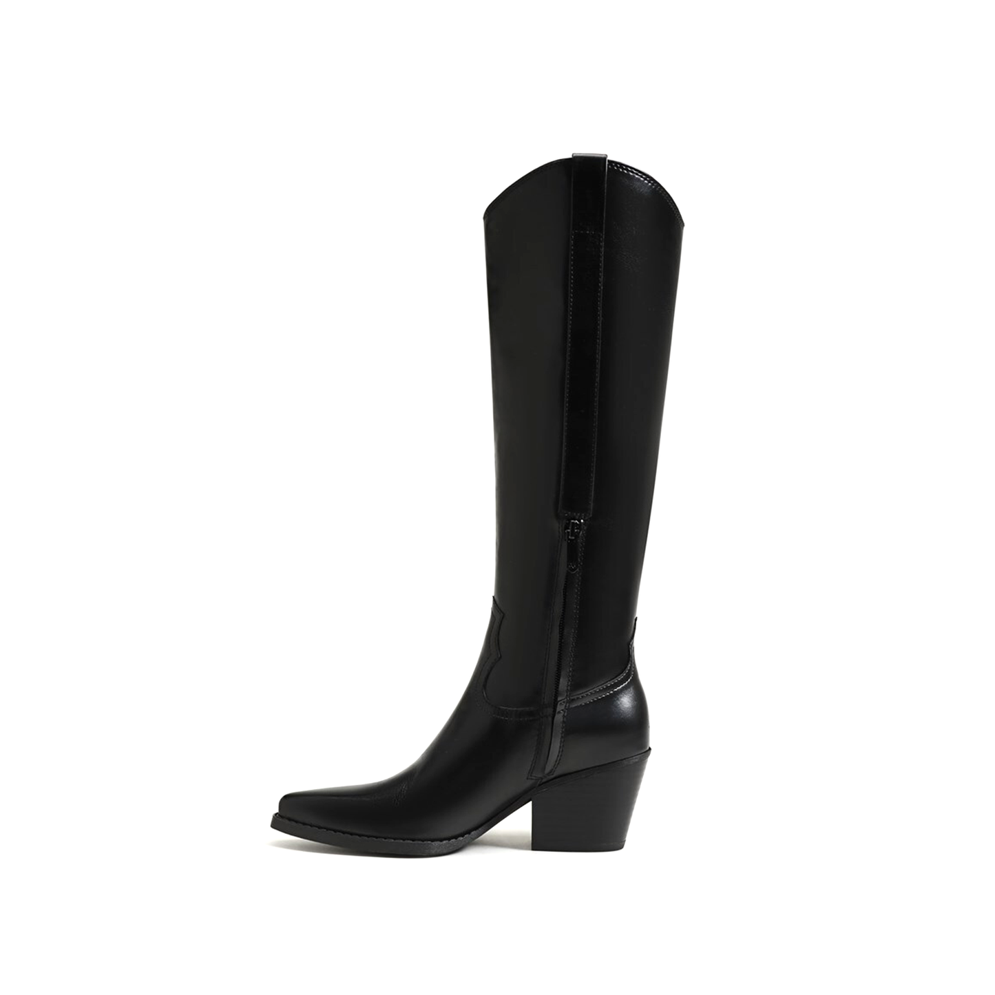 Black Pointed-Toe Half-Zip Knee High Cowgirl Boots
