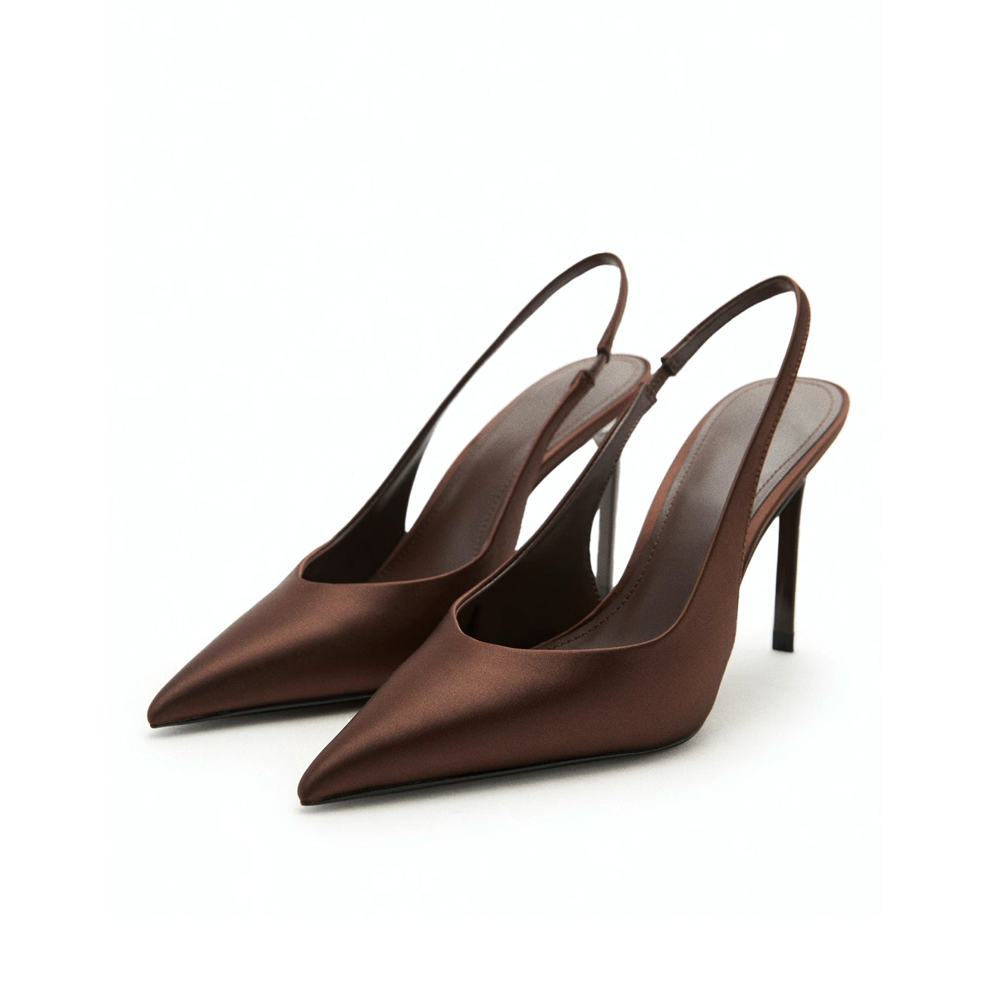 Chocolate Satin Pointed-Toe Slip-On Slingback High Heels