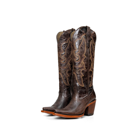 Distressed Dark Brown Snip-Toe Embroidery Half-Zip Knee High Cowgirl Boots