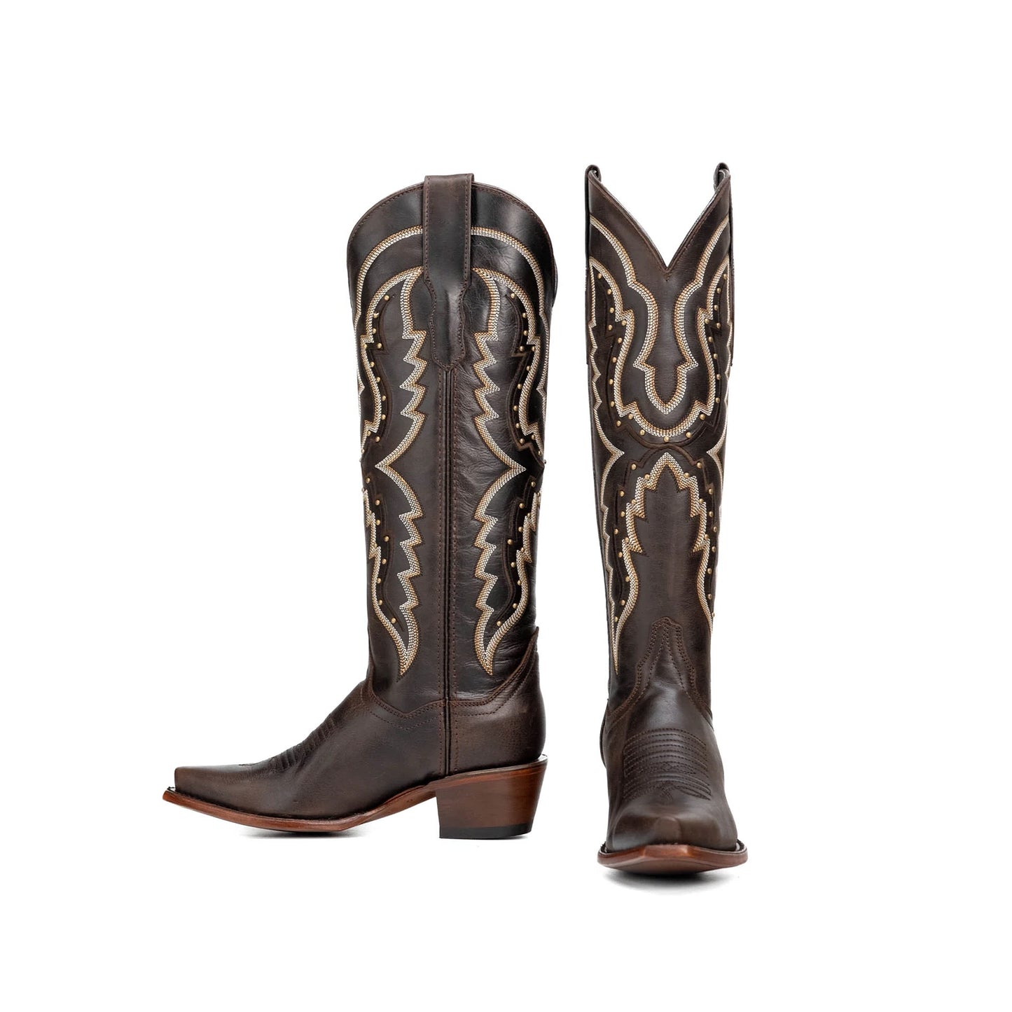 Brown Snip-Toe Embroidery Gold Studs Wide Calf Knee High Cowgirl Boots